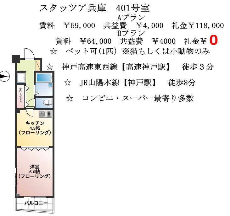 神戸市兵庫区新開地の賃貸物件間取画像